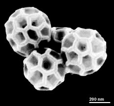 Photo au microscope de quatre molécules de buckyballs.